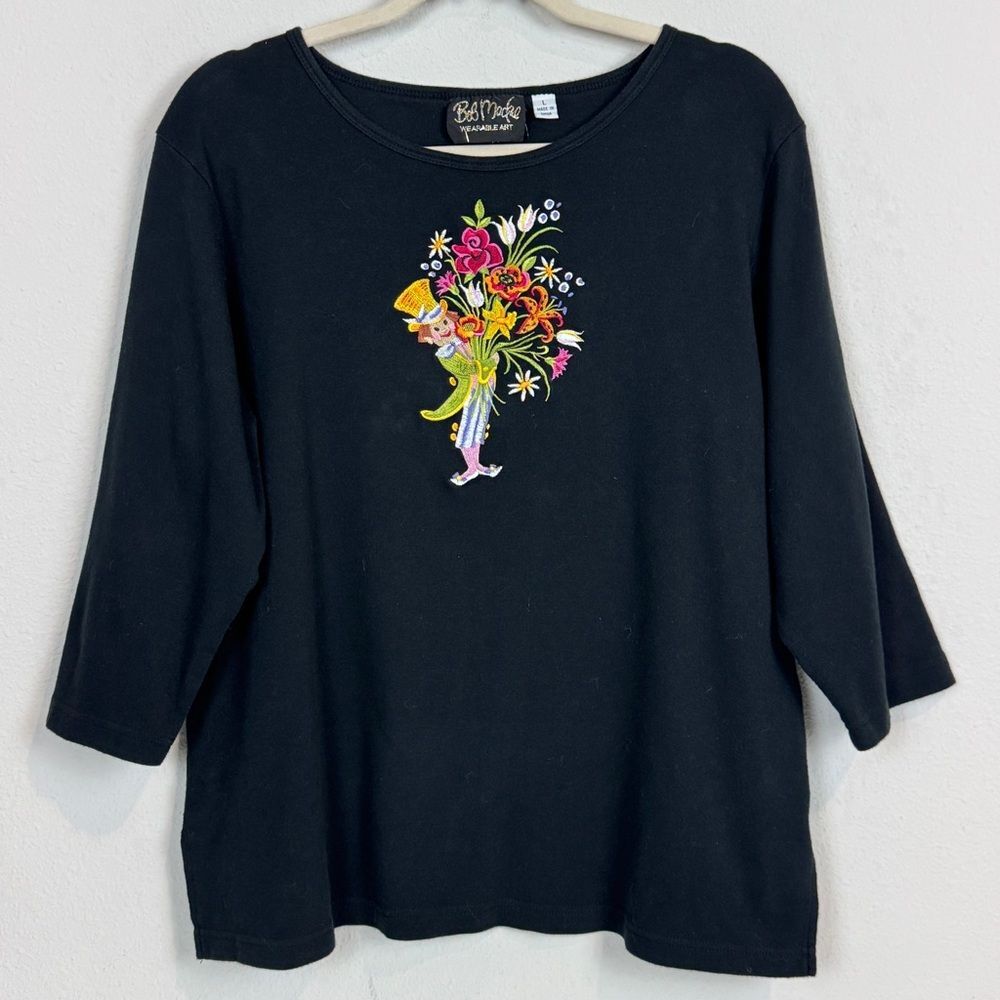 Vintage 80s Bob Mackie Wearable Art Embroidered Black Autumn Floral T-shirt L